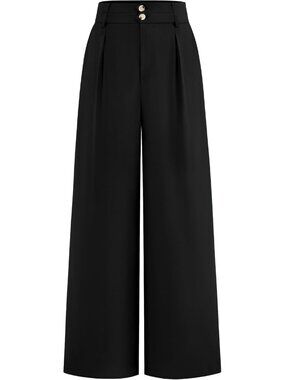 Women's Wide Leg Dress Pants Black High Waisted Button Pleated Trousers Palazzo